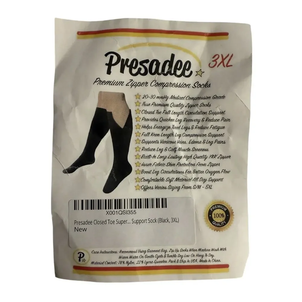 Closed Toe Zipper Compression Leg Swelling Socks Black 20-30 mmHg 3XL Presadee
